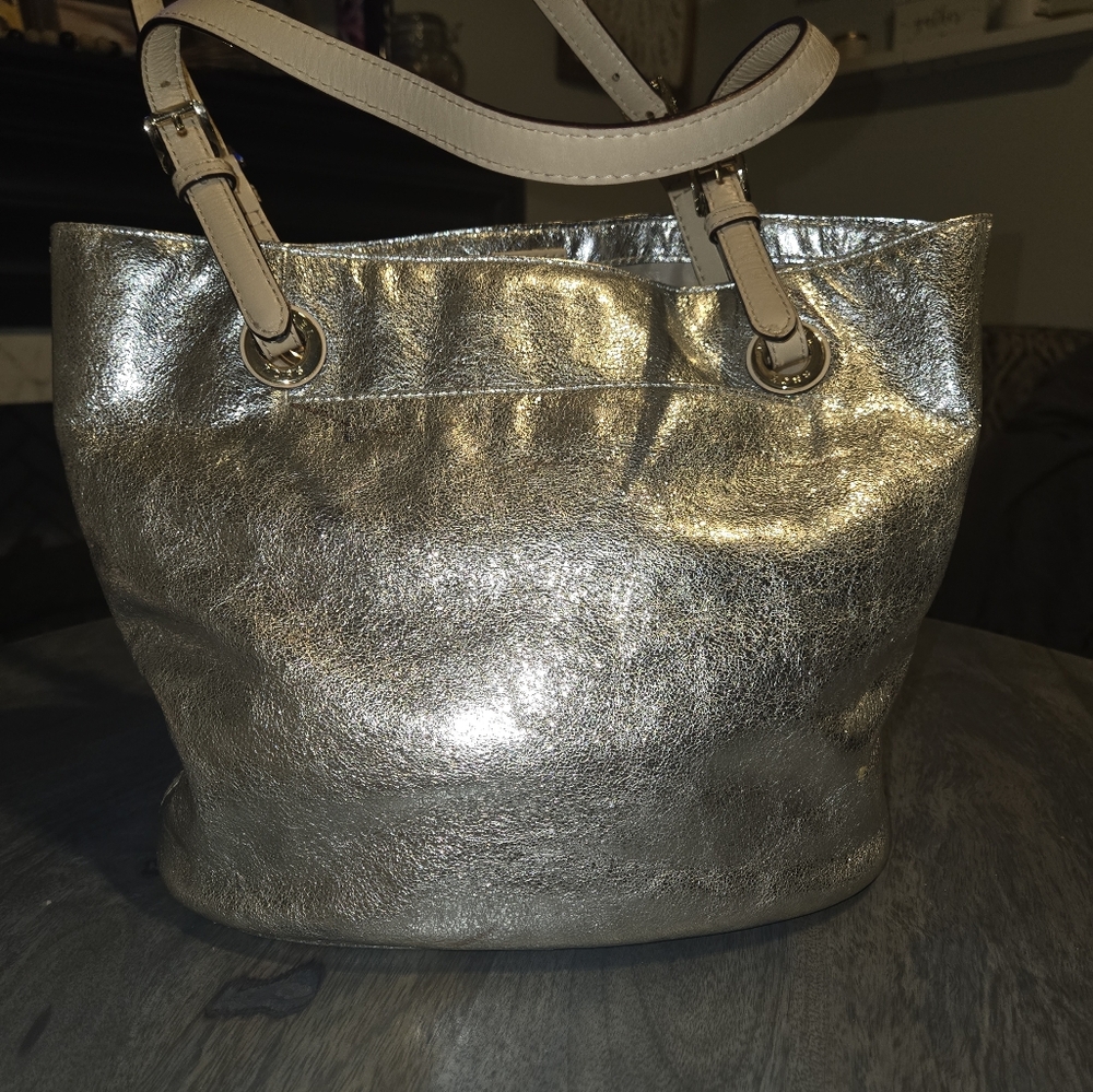 Michael Kors Silver Metallic Tote Bag with Distressed Finish